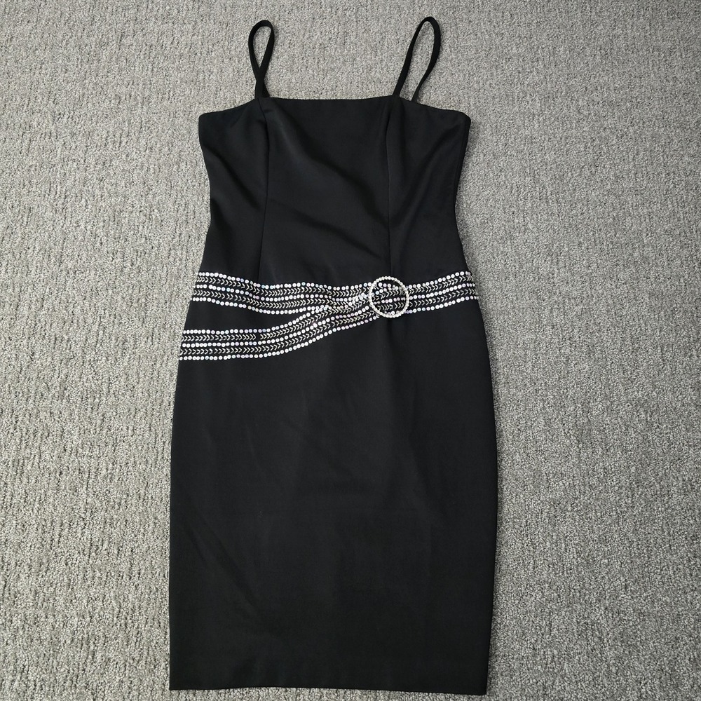 Basix II 8 Black Beaded Sequin Cocktail Dress Rhinestone Belt Y2K Evening